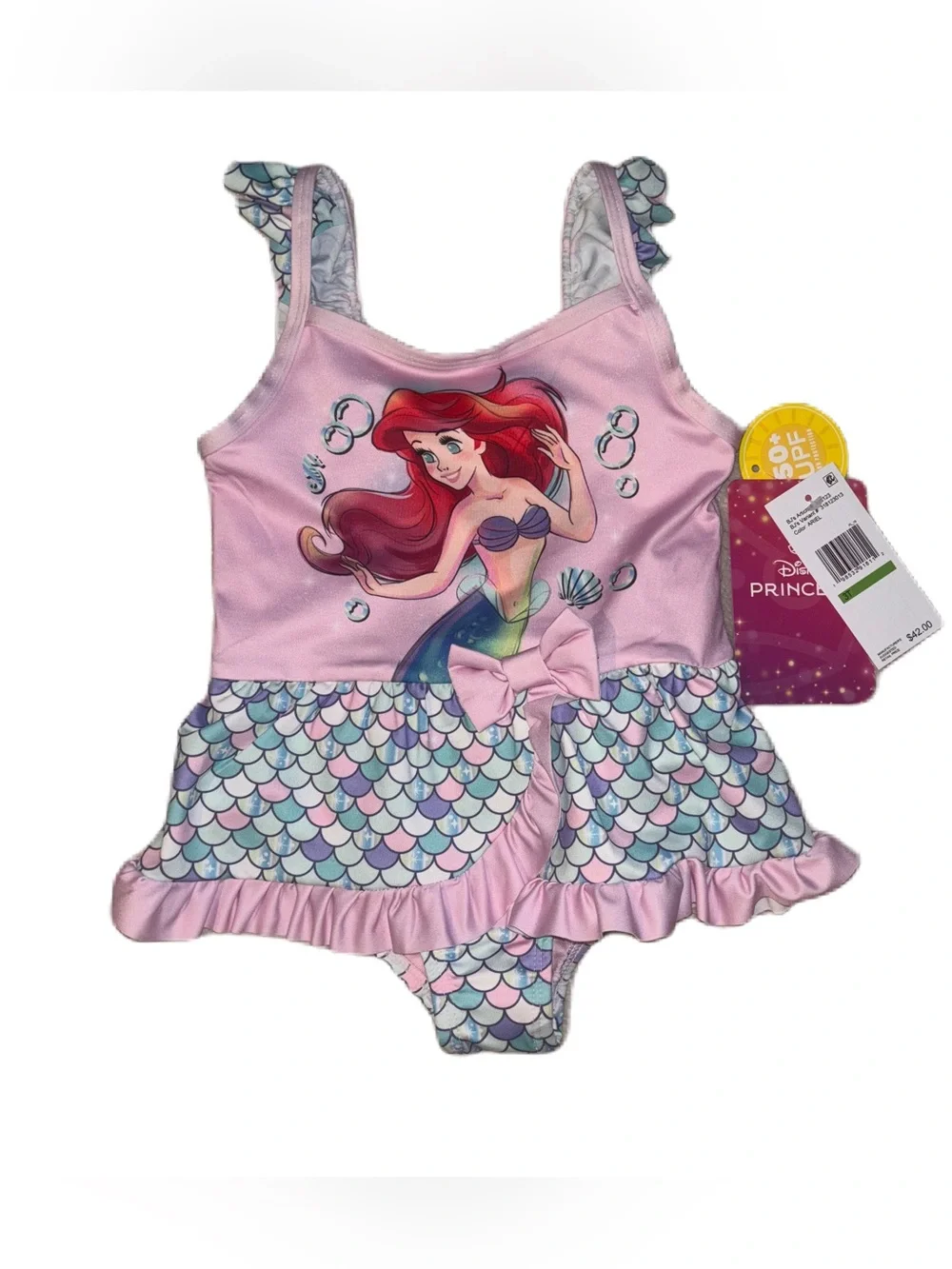 Girls Disney Princess Pink Little Mermaid Ariel One-Piece Swim Suit with UPF 50+